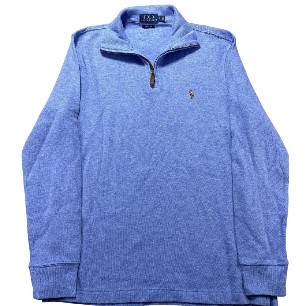 Polo Ralph Lauren Sweater Mens Small Blue Cotton 1/4 Zip Mock Neck Pullover Logo